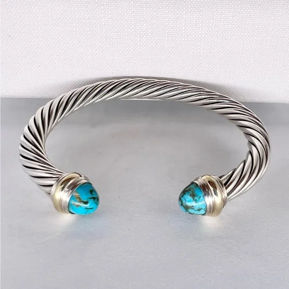 David Yurman Sterling Silver & 14K Gold Turquoise Cable Bracelet - Picture 1 of 14